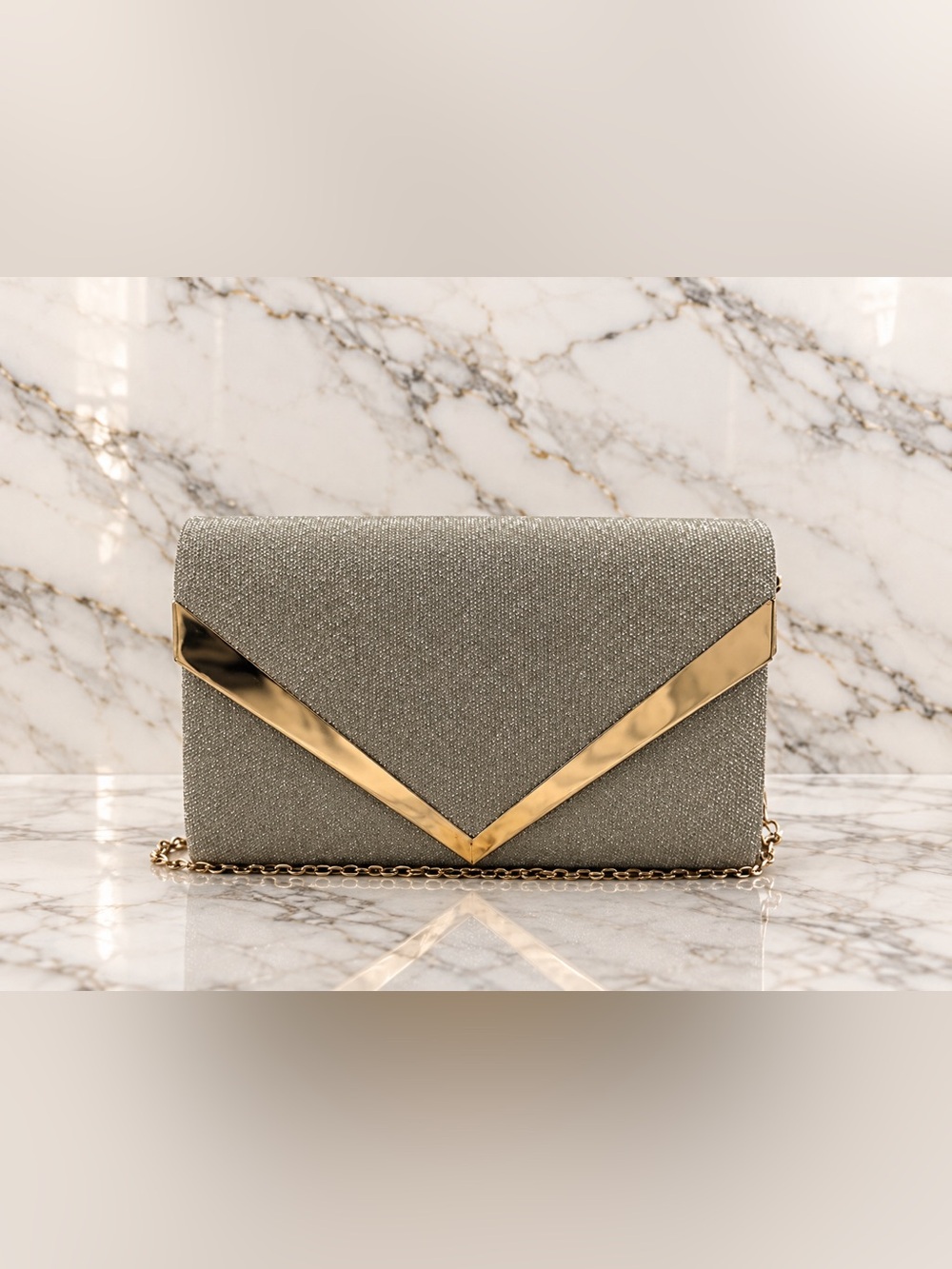 Elegant Metallic Gray Evening Clutch with Gold Accent - Unbranded